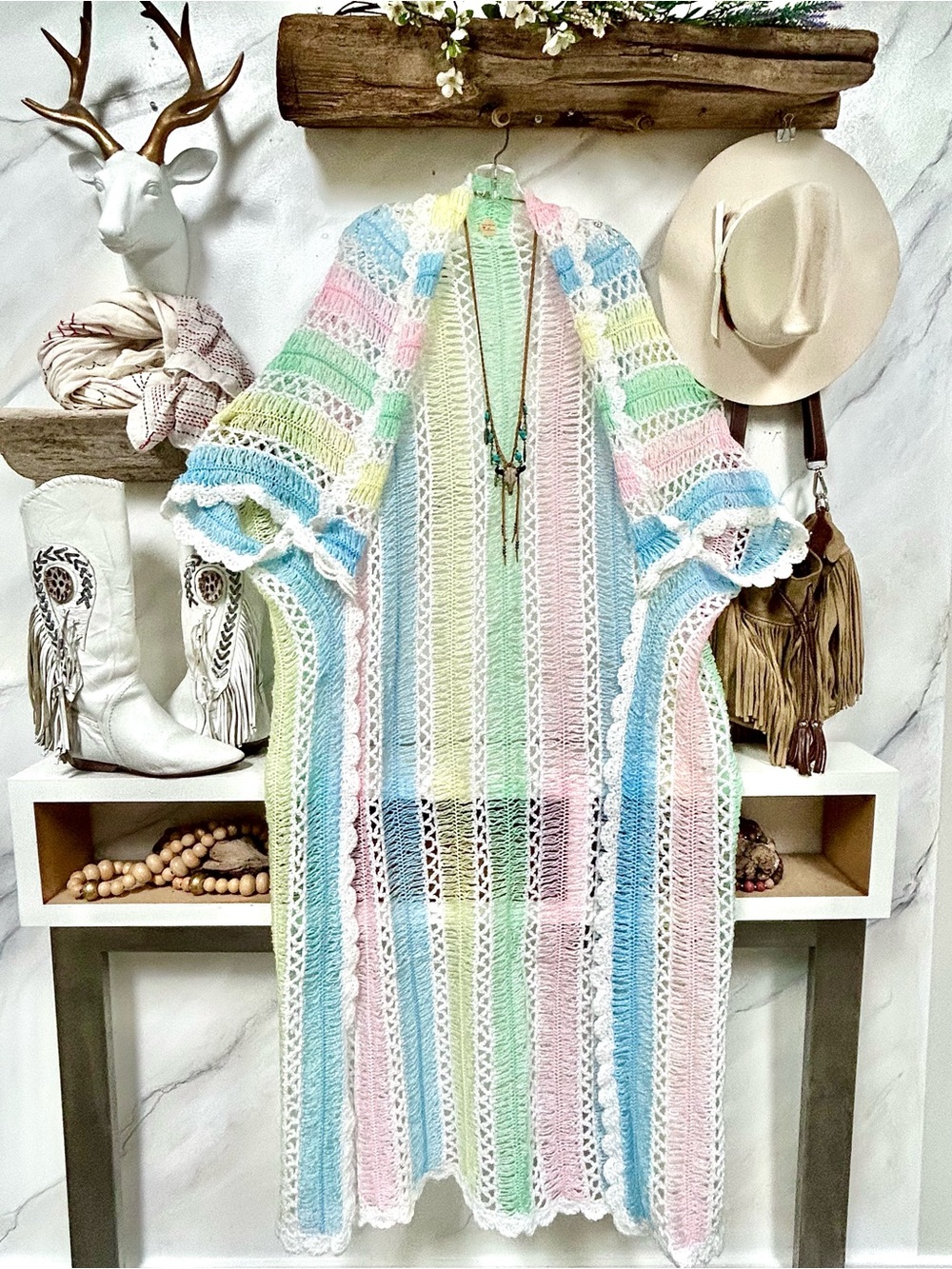 Artisan unicorn Cocoon kimono shrug intricate knit lace w cabin farmhouse vibe